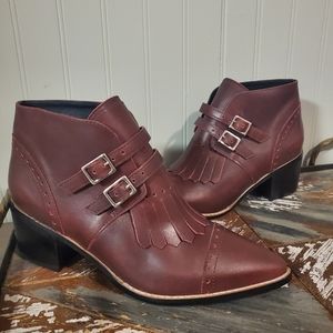 Brazil Leather Booties Pointed Toe Buckle Accents Fringe Detail Witchy Punk